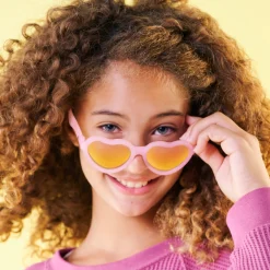 Frosted Pink Heart Mirrored Lense Sunglasses><noscript><img width=