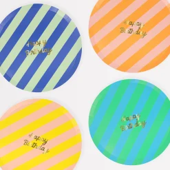 Stripe Happy Birthday Side Plates (x 8)>Meri Meri Fashion